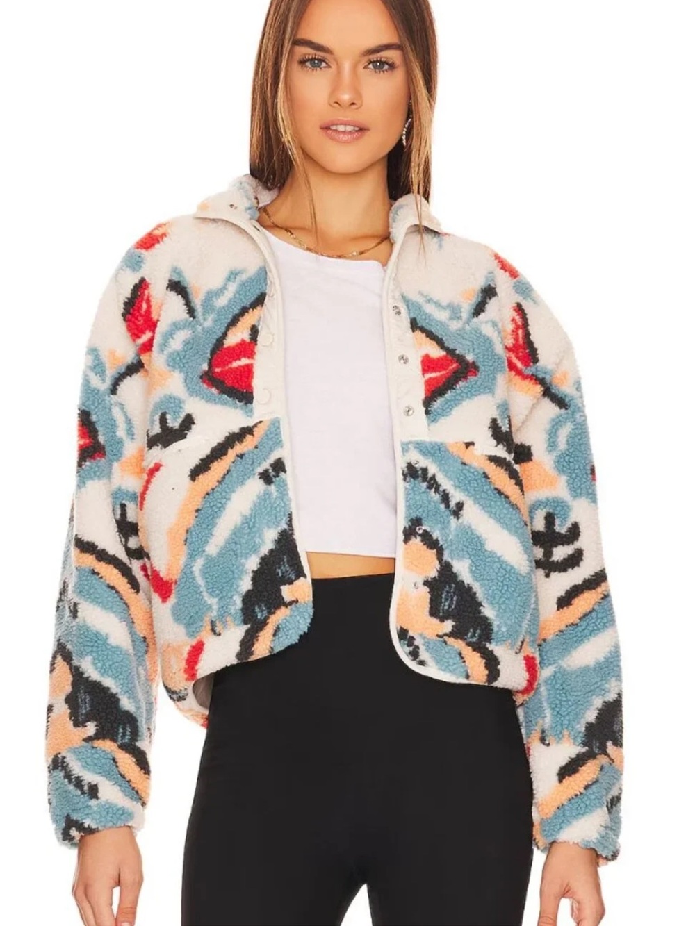 FP Movement Hit the Slopes Multicolor Sherpa Jacket in White, Blue, Peach & Red